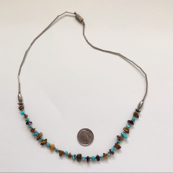 Turquoise Tiger Eye Liquid Silver Necklace - Picture 5 of 7